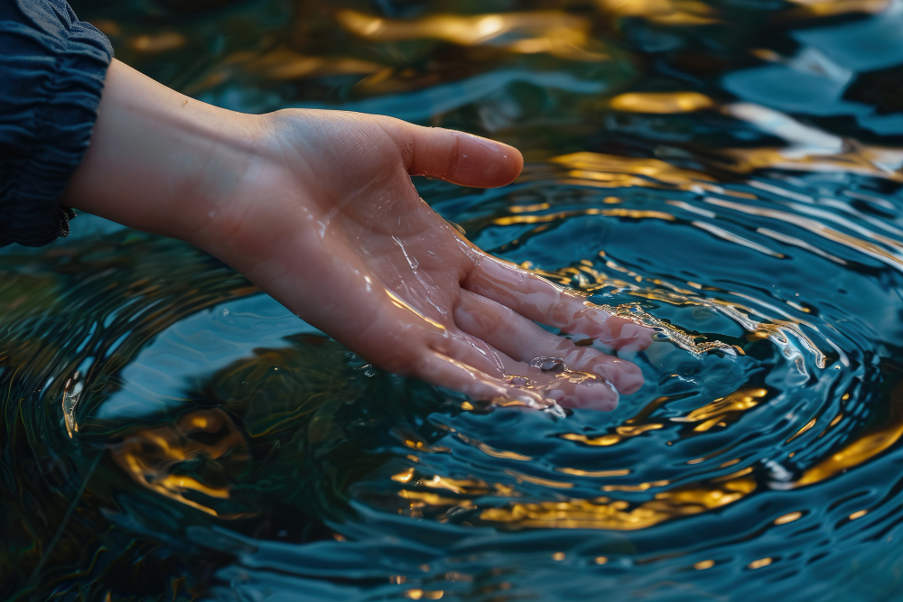 Imagen: Una mano tocando la superficie de un estanque de agua limpia.